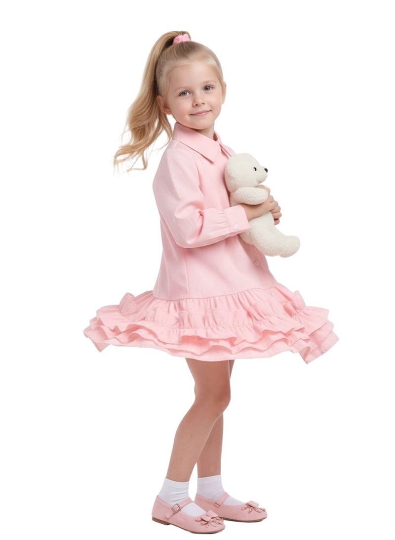 WiNi BEE Girls Shirt Dress Long Sleeve with Ruffles - Button Down Collared Dress for School,Family Photos, Toddler Girl Dress 2T-3T, Little Girl 4-10 Years - Image 3